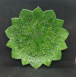 Vintage Hand Made Green Pottery Plate Leaves Grapes 10.  5 "