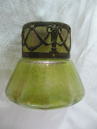 Antique/vintage Iridescent Yellow Loetz Style Glass Vase Posy Bowl Metal Rim