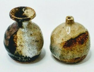 2 Hand Crafted Studio Pottery Mini Vases Earth Tone Artist Signed Ellen Jones