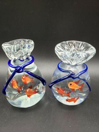 2 Vintage Murano Glass Fish In A Bag Aquarium Goldfish Blue Ribbon Paperweights