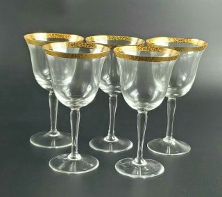 Vintage Mid - Century Floral Pattern Set Of 5 Gold Rimmed Wine/water Glasses