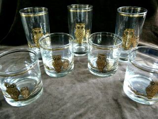 7 Vintage 60s Culver Mid Century Modern 22k Gold Owl Drinking Tumbler Glasses