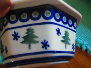Boleslawiec Polish Pottery Octagon Bowl W/pine Trees 6 1/2 " Across