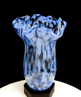 Studio Art Glass Artist Signed Blue Mottled Gold Mica Ruffled 8 1/4 " Vase 2002