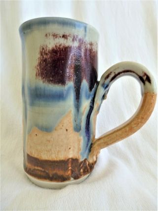 Hand Thrown Pottery Tall Mug Drip Glaze Blues Browns Creams Low Handle Signed