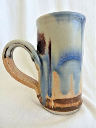 Hand Thrown Pottery Tall Mug Drip Glaze Blues Browns Creams Low Handle Signed 2