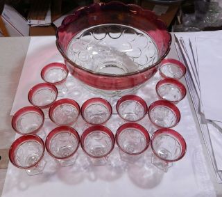 Indiana Glass Lexington Ruby Red Flash Punch Bowl & 14 Pedestal Cups South Bend