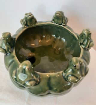 Vintage Majolica Style Planter 6 Green Frogs On Lily Pad Shaped Bowl