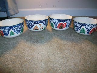 Set Of 4 Culinary Arts Stoneware Holiday Wilderness Bowls Christmas Winter Snow