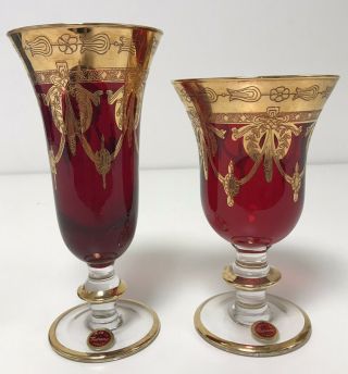 Vintage Murano Goblets Ruby Red And Gold Venetian Glasses