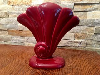 Red Wing Pottery Ceramic Fan Vase Art Deco Lines Red Maroon
