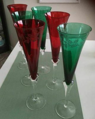 6 Lenox Holiday Gems Red & Green Etched Wine / Flutes / Glasses - 11 "