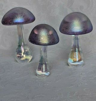 Heron Glass Set Of Three Amethyst Mushrooms - Hand Crafted In England - Boxed