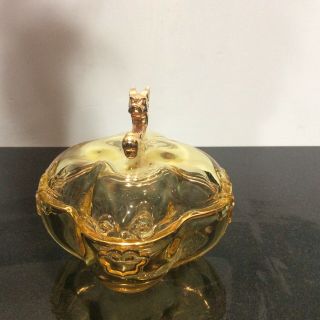 Tittot Art Glass Trinket Pot Jar Amber Glass Metal Gold Dragon Lid Striking 2