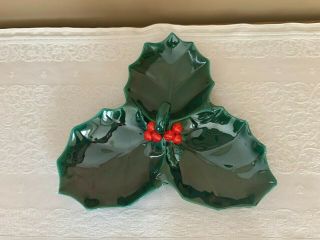 Lefton Green Holly Red Berry Porcelain 3 Part Handled Candy Nut Dish Vintage