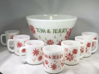 Vintage Fire King Tom And Jerry Snowflake Punch Bowl & 7 Mugs Set