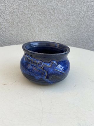 Vintage Mini Pottery Bowl Raised Rosary Blue Glaze 2.  5”x 3.  5”