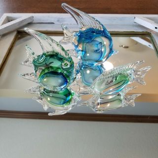 Art Glass Vtg Set 3 Angel Fish Swordfish Figurines Hand Crafted Blue Green