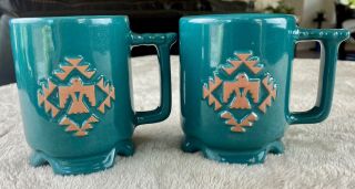 Frankoma Green Glaze Terra Cotta Coffee Mug Southwest Pattern - Set Of 2