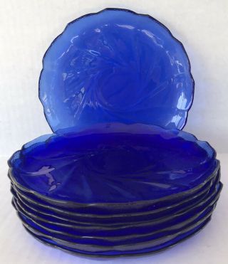 Vintage Cobalt Blue Glass Salad Plates 7 1/4” Blue Swirl Set Of 8 Arcoroc