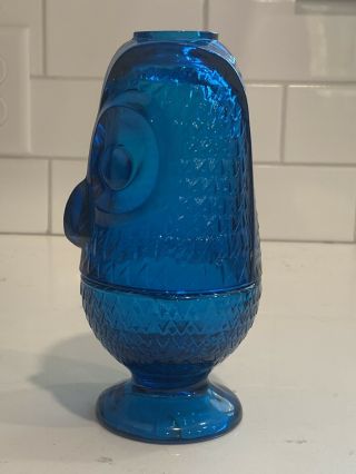 Vintage Viking Blue Glass Owl Fairy Lamp Tea Light Candle Holder 2