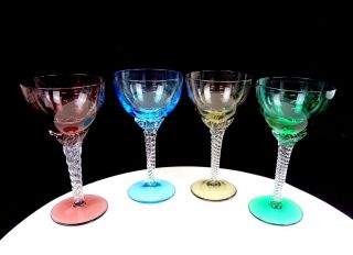ELEGANT GLASS VINTAGE MULTI - COLOR CLEAR TWIST STEM 4 PIECE 5 7/8 