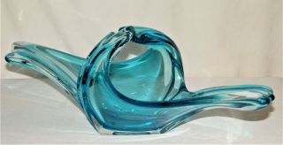 Vintage Stretch Freeform Aqua Blue Art Glass Centerpiece Bowl Polished Base Ex