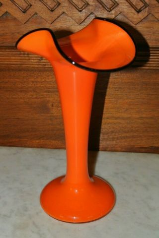 Vintage Orange Black Ruffle Rim Czech Art Deco Welz Tango Glass Vase