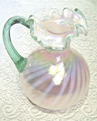 Fenton Pink Swirl Pitcher With Applied Green Handle