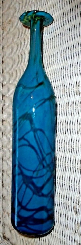 Large 14 " Art Glass Michael Harris Mdina Vase Aqua Blue Green Trails - - Signed