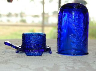 Vintage Mosser Blue Glass Fairy Lamp 2 Piece Lantern Berry Branch Candle Holder
