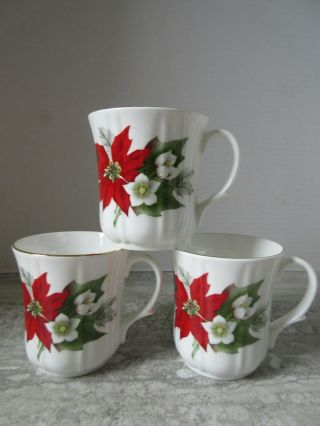 Set Of 3 Old Duchess Bone China Poinsettia Porcelain Coffee Mugs