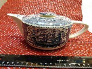 Currier & Ives Tea Pot Clipper Ship And Lighthouse Blue White Royal China Teapot