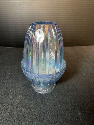 Fenton Blue Carnival Iridescent Glass Ribbed Tulip Scroll Pattern Fairy Lamp