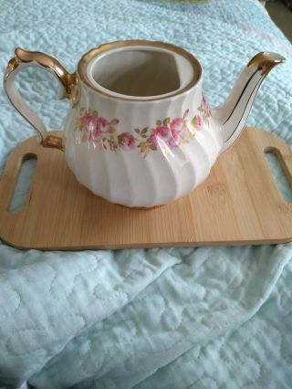 Vintage Sadler England Teapot Cream With Pink Roses Gold Trim 5in.  Tall 8 Across