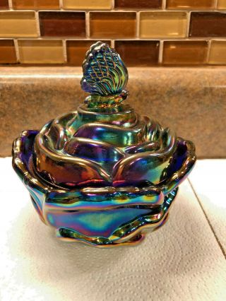 Fenton Butterfly Cobalt Marigold Carnival Glass Covered Candy Dish