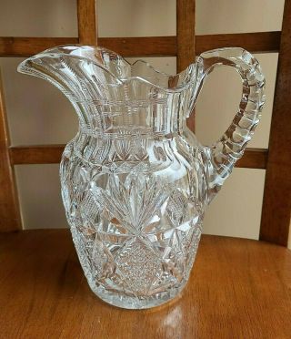 Hawkes Signed American Brilliant Cut Glass Water Pitcher 8 " Abp