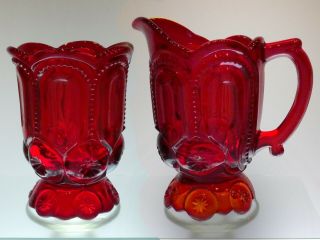 Large Ruby Red Cream & Sugar Set Or Pitcher & Compote - L.  E.  Smith " Moon & Stars "