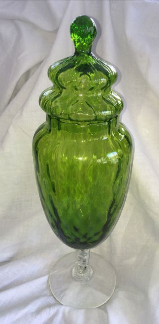 Vintage Empoli Italian Glass Apothecary Jar W Lid Green Optic Ribbed Gorgeous