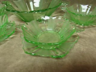 Vintage 1920 ' s Art Deco Vaseline Green Glass Dessert Bowls and Plates set 3