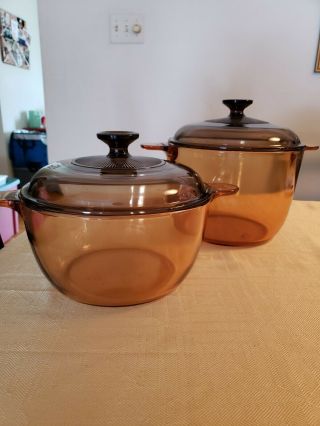 Vintage Corning Pyrex Amber Vision Ware Glass Cookware 4 Pc 3.  5l And 2.  5l.
