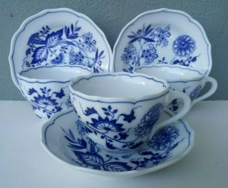 Hutschenreuther - Blue Onion - Set Of 3 Fine Porcelain Cups & Saucers - Germany