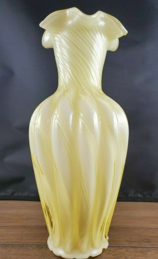 Fenton Art Glass Yellow Overlay Cased Spiral Optic Melon 11 " Vase Vtg Stunning