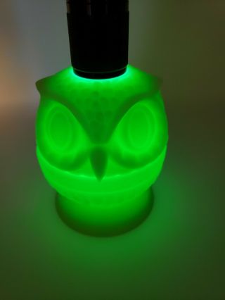 Fenton Art Glass Green Custard Satin Two Piece Owl Fairy Light Lamp Uranium Vtg