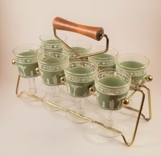 Set Of 8 Jeanette Wedgewood Green Greek Hellenic Cordial Barware Glasses Caddie