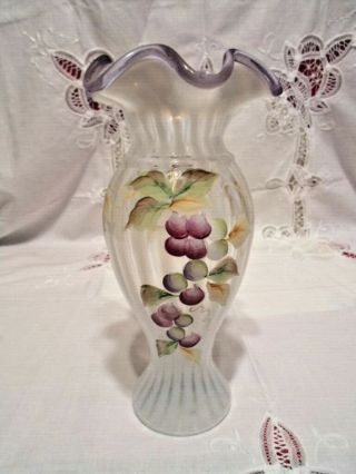 Fenton Grape Arbor French Opalescent Rib Optic Violet Ringer Vase Handpainted