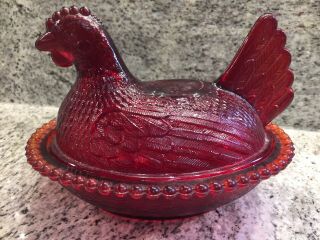 Vintage Indiana Glass Cranberry Red Hen On A Nest Covered Chicken Candy Dish