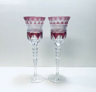 Pair Bohemian Cranberry Pink Cut To Clear Crystal Tall Sherry Cordial Glasses