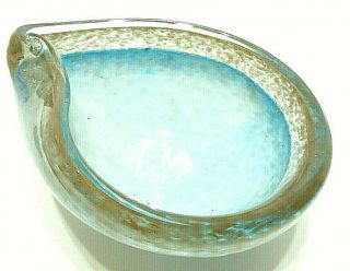 Hand Blown Art Glass Bowl Dish Clear Light Blue Metallic Copper Tear Drop Shaped