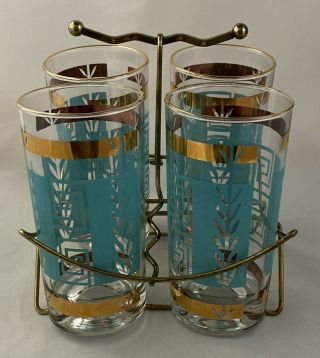 Vintage Turquoise Gold Highball Glasses W Caddy Set Of 4 Mcm Mid Century 5 1/2 "
